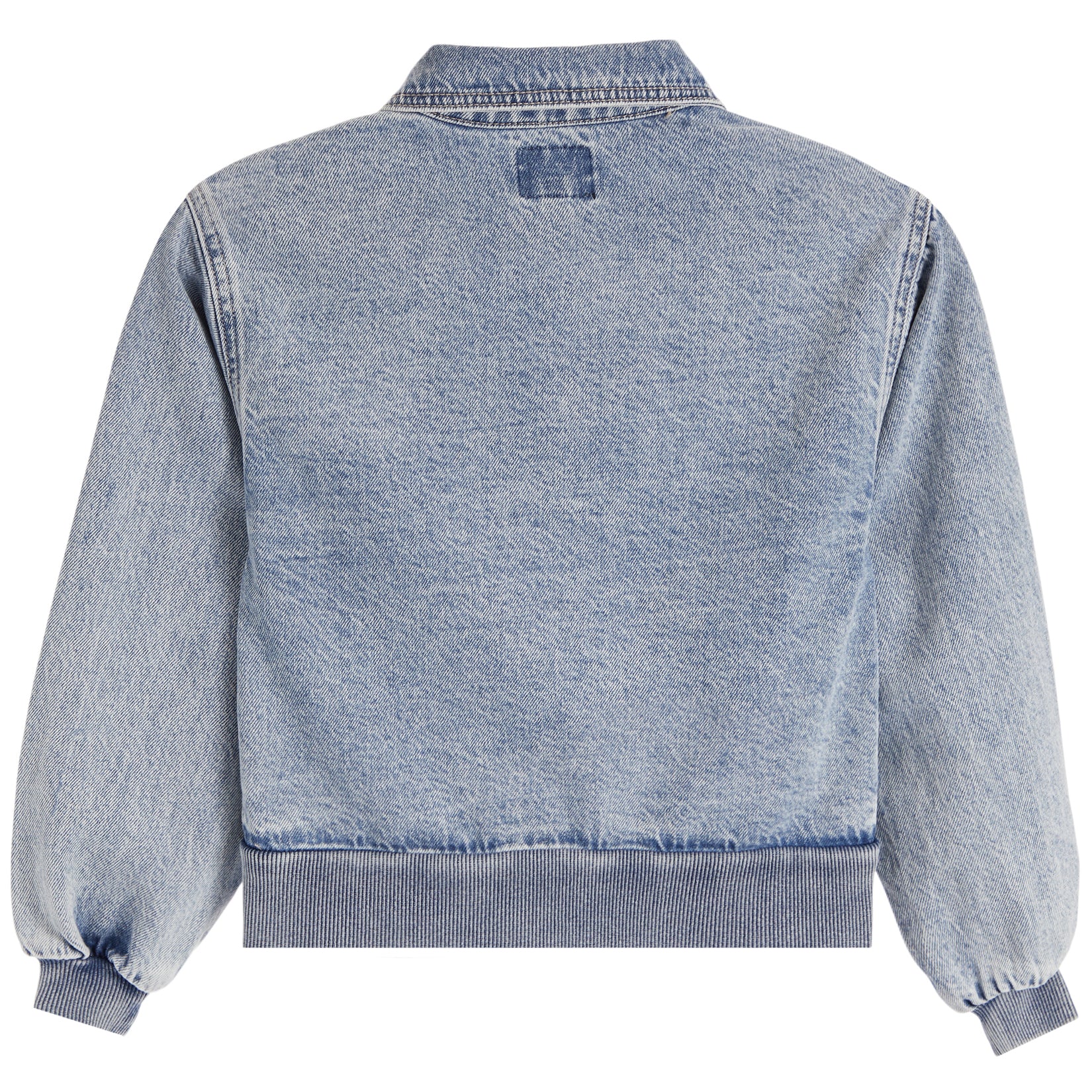 A light blue washed denim jacket shown from the back, featuring a ribbed collar, cuffs, and hem, set against a plain white background.