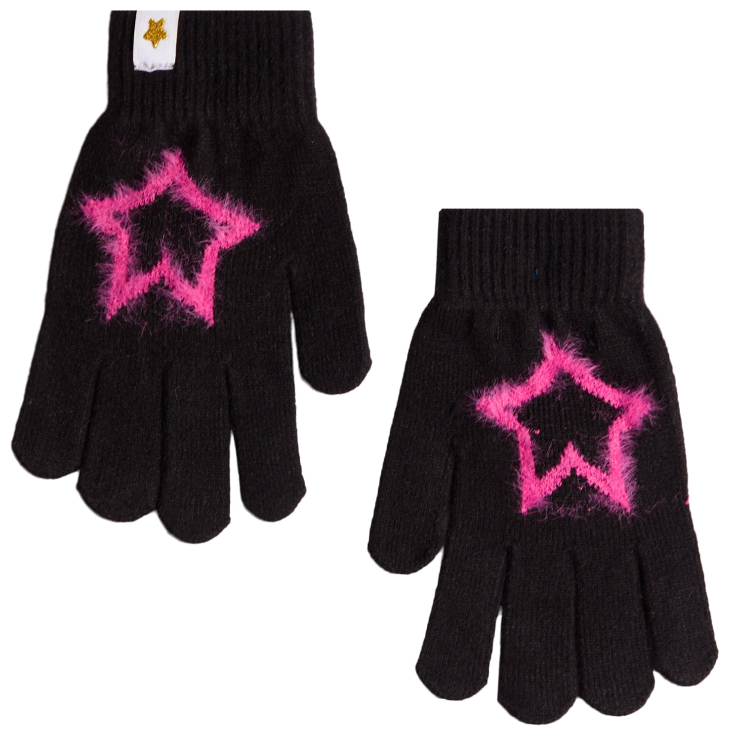 A pair of black knit gloves with a fuzzy hot pink star design on the back of each hand, shown against a plain white background.