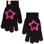 A pair of black knit gloves with a fuzzy hot pink star design on the back of each hand, shown against a plain white background.