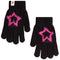 A pair of black knit gloves with a fuzzy hot pink star design on the back of each hand, shown against a plain white background.