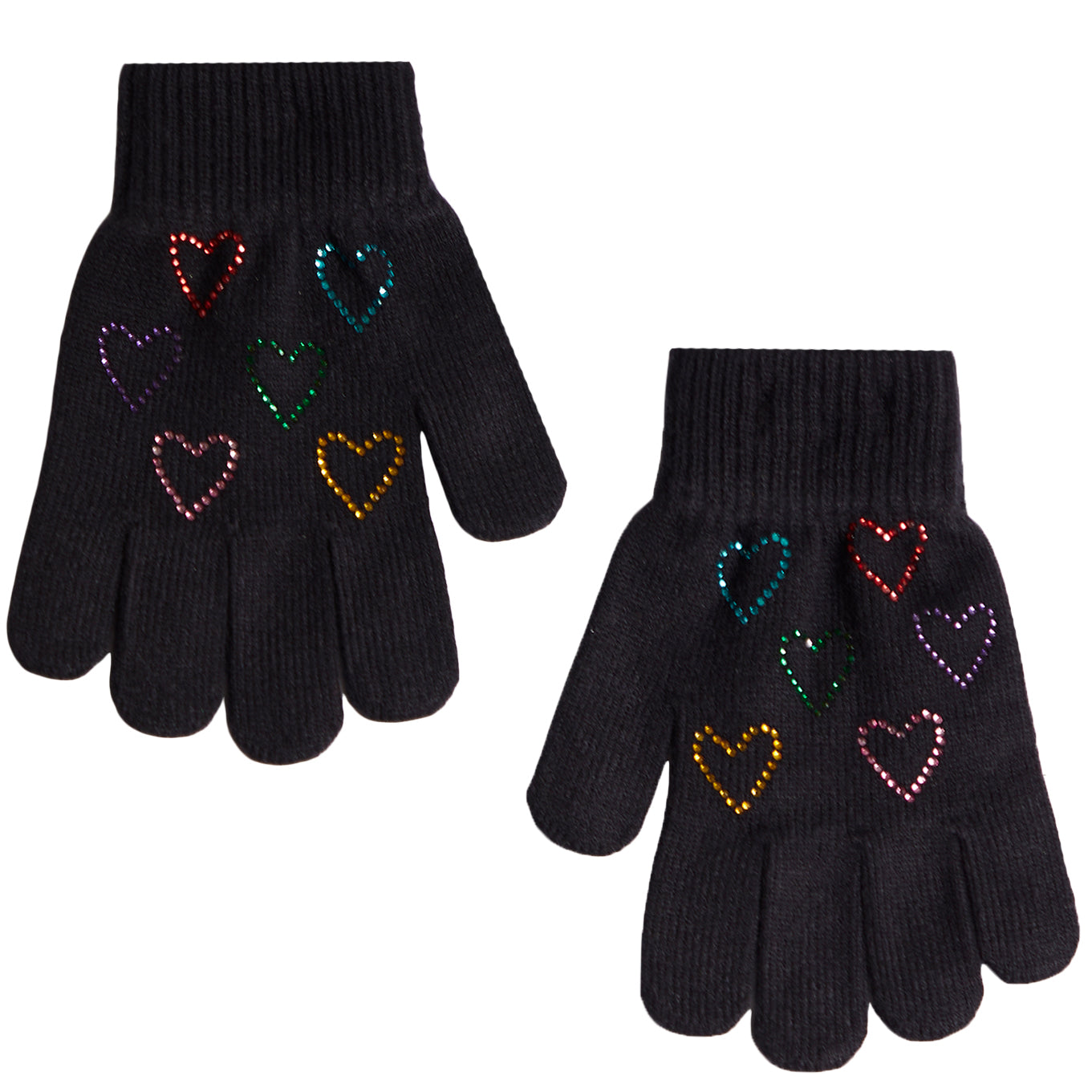 A pair of black knit gloves decorated with colorful rhinestone-outlined hearts in red, blue, green, yellow, purple, and pink, shown against a plain white background.