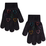 A pair of black knit gloves decorated with colorful rhinestone-outlined hearts in red, blue, green, yellow, purple, and pink, shown against a plain white background.