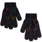 A pair of black knit gloves decorated with colorful rhinestone-outlined hearts in red, blue, green, yellow, purple, and pink, shown against a plain white background.