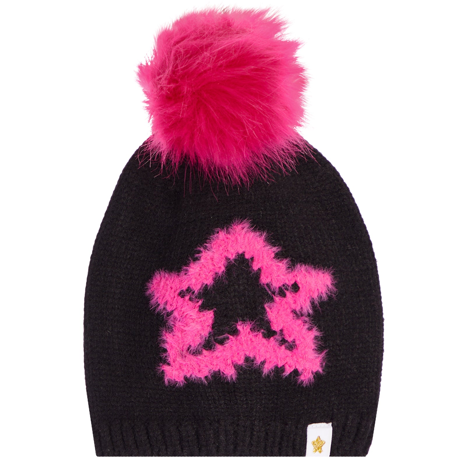 A black knit beanie hat featuring a large, fluffy hot pink pom-pom on top and a matching hot pink fuzzy star graphic on the front. A small white brand tag is visible on the lower right edge.