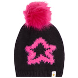 A black knit beanie hat featuring a large, fluffy hot pink pom-pom on top and a matching hot pink fuzzy star graphic on the front. A small white brand tag is visible on the lower right edge.