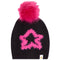 A black knit beanie hat featuring a large, fluffy hot pink pom-pom on top and a matching hot pink fuzzy star graphic on the front. A small white brand tag is visible on the lower right edge.