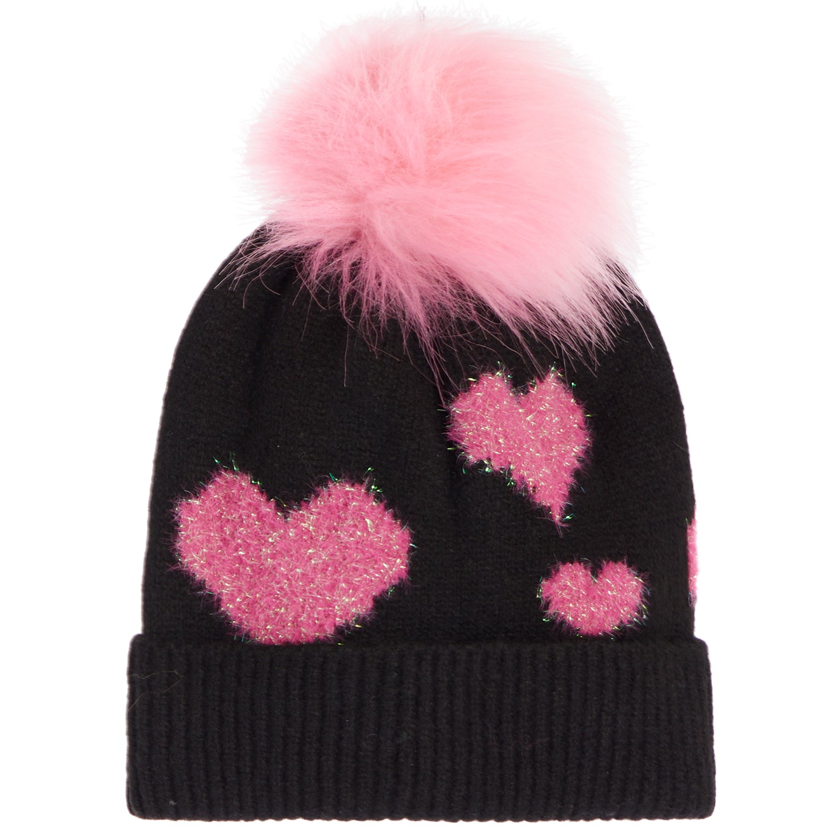 A black knit beanie hat featuring a fluffy light pink pom-pom on top and three glittery pink heart motifs on the front, set against a plain white background.