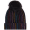 A black ribbed knit pom-pom beanie decorated with vertical columns of colorful rhinestones, shown against a plain white background.