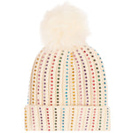 An off-white knit pom-pom beanie decorated with vertical columns of colorful rhinestones, featuring a fluffy cream pom-pom on top.