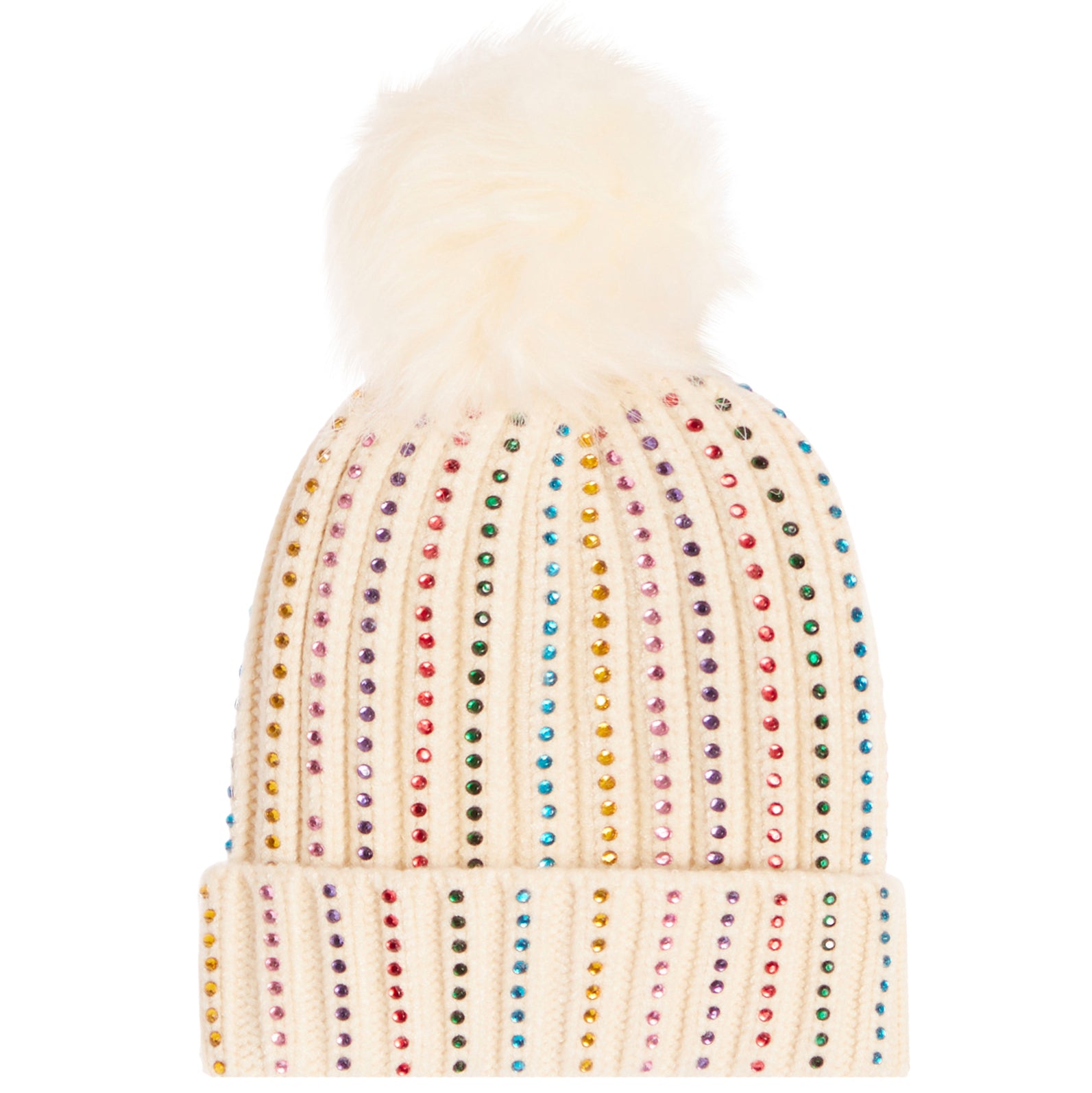 An off-white knit pom-pom beanie decorated with vertical columns of colorful rhinestones, featuring a fluffy cream pom-pom on top.