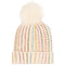An off-white knit pom-pom beanie decorated with vertical columns of colorful rhinestones, featuring a fluffy cream pom-pom on top.