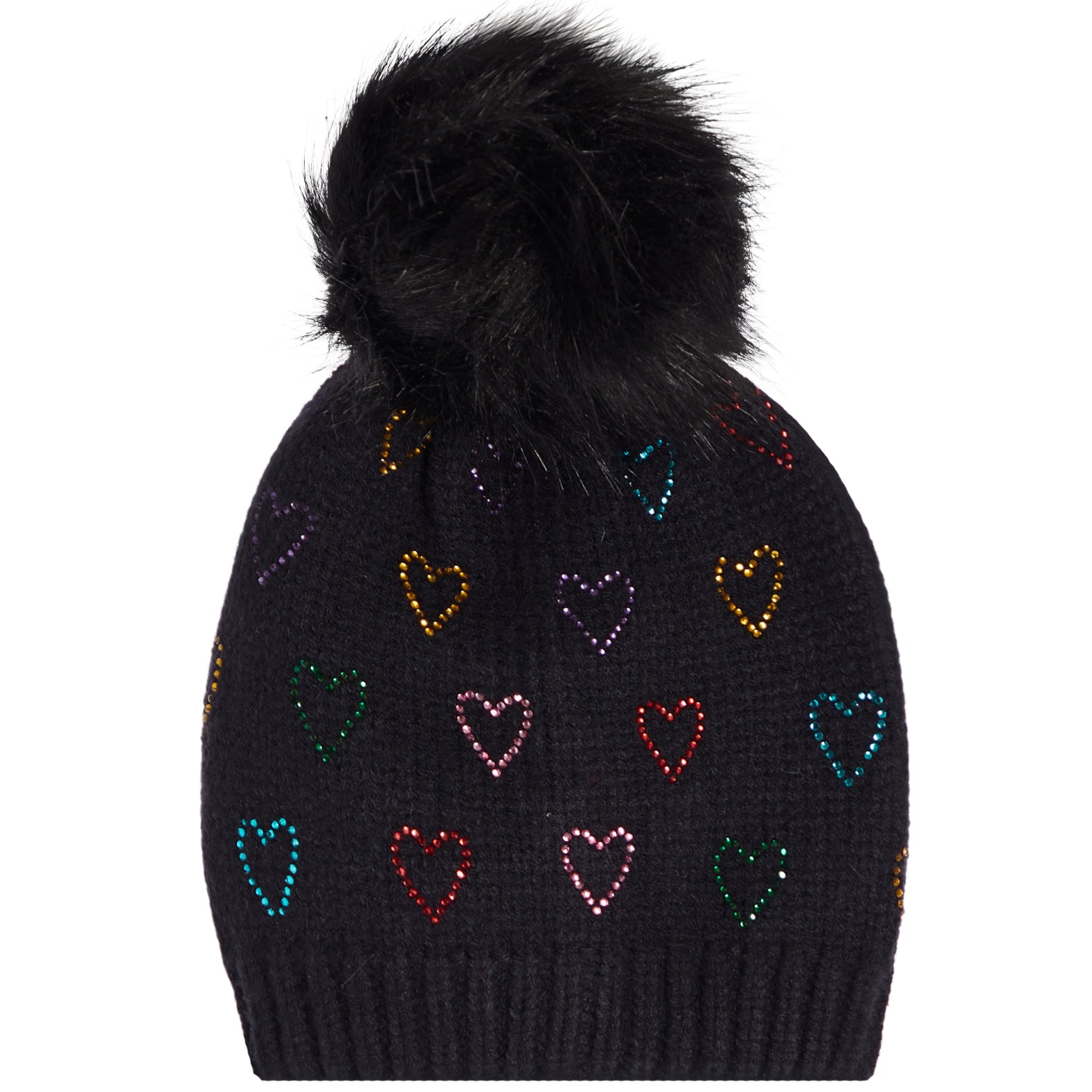 A black knit pom-pom beanie featuring a pattern of small, colorful glittery hearts in various shades, set against a plain white background.