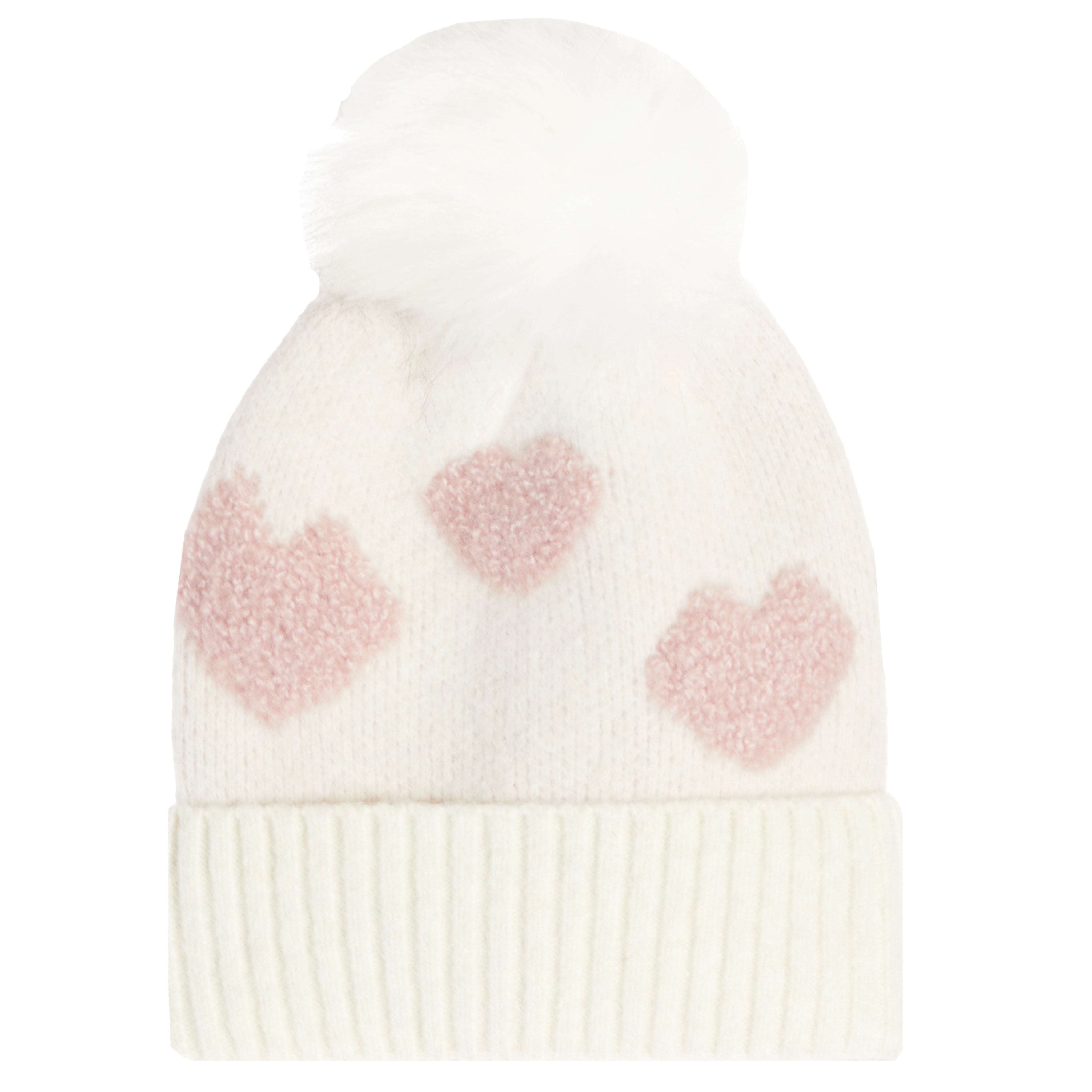 An off-white knit pom-pom beanie featuring three textured pink hearts on the front and a ribbed cuff, set against a plain white background.