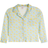 A long-sleeve pajama shirt with a yellow rubber duck pattern on a light mint green background, featuring a button-down front, collar, and chest pocket.