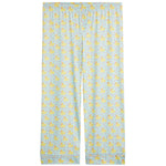 Light blue pajama pants with a yellow duck and blue dot pattern, featuring an elastic waistband and rolled cuffs.