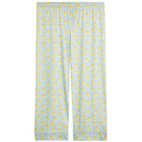Light blue pajama pants with a yellow duck and blue dot pattern, featuring an elastic waistband and rolled cuffs.