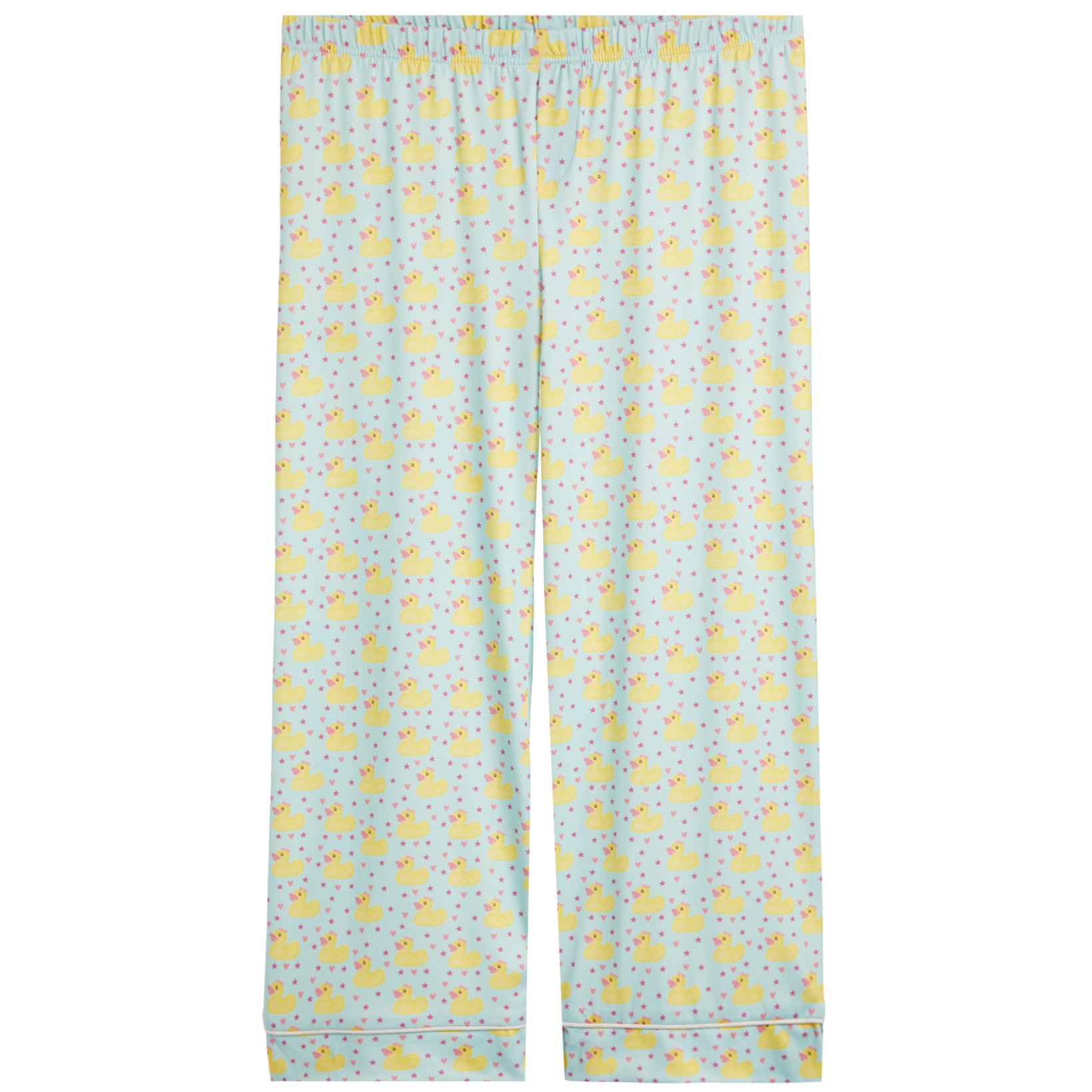 Light blue pajama pants with a yellow duck and blue dot pattern, featuring an elastic waistband and rolled cuffs.