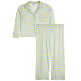 A two-piece long-sleeve pajama set featuring a light blue and yellow duck print, shown on a plain white background.