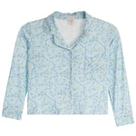 A light blue long-sleeve pajama shirt with a delicate floral and vine pattern, featuring white piping along the collar, placket, and cuffs, and a white inner lining.