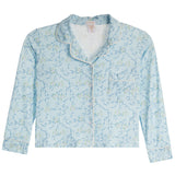 A light blue long-sleeve pajama shirt with a delicate floral and vine pattern, featuring white piping along the collar, placket, and cuffs, and a white inner lining.