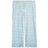 Light blue pajama pants with a delicate blue and yellow floral pattern, featuring an elastic waistband and matching rolled cuffs.
