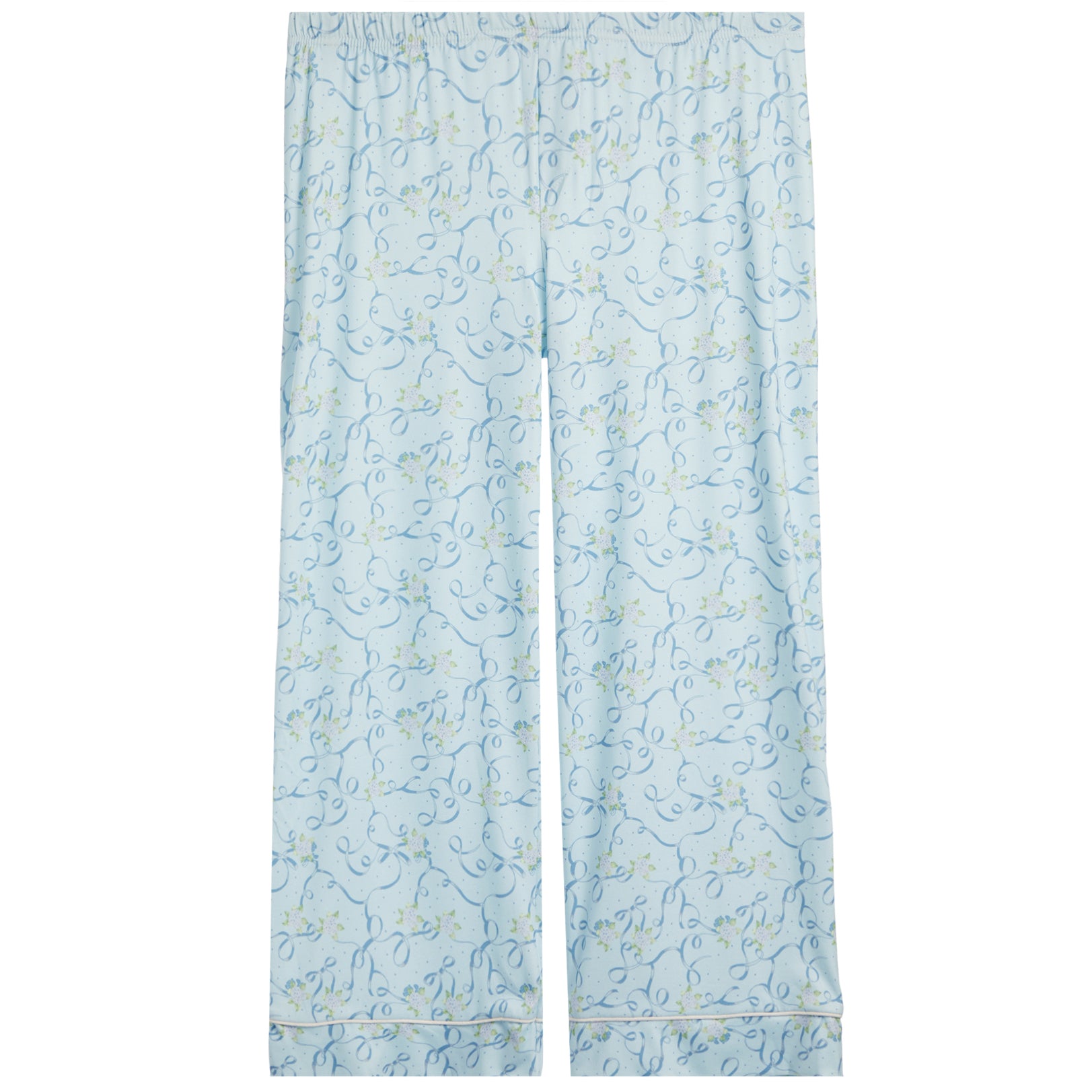 Light blue pajama pants with a delicate blue and yellow floral pattern, featuring an elastic waistband and matching rolled cuffs.