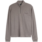 A men's long-sleeve quarter-zip pullover in a heathered taupe-gray color, featuring a mock neck collar, a zippered chest pocket with a snap button, and ribbed cuffs and hem.