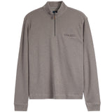 A men's long-sleeve quarter-zip pullover in a heathered taupe-gray color, featuring a mock neck collar, a zippered chest pocket with a snap button, and ribbed cuffs and hem.