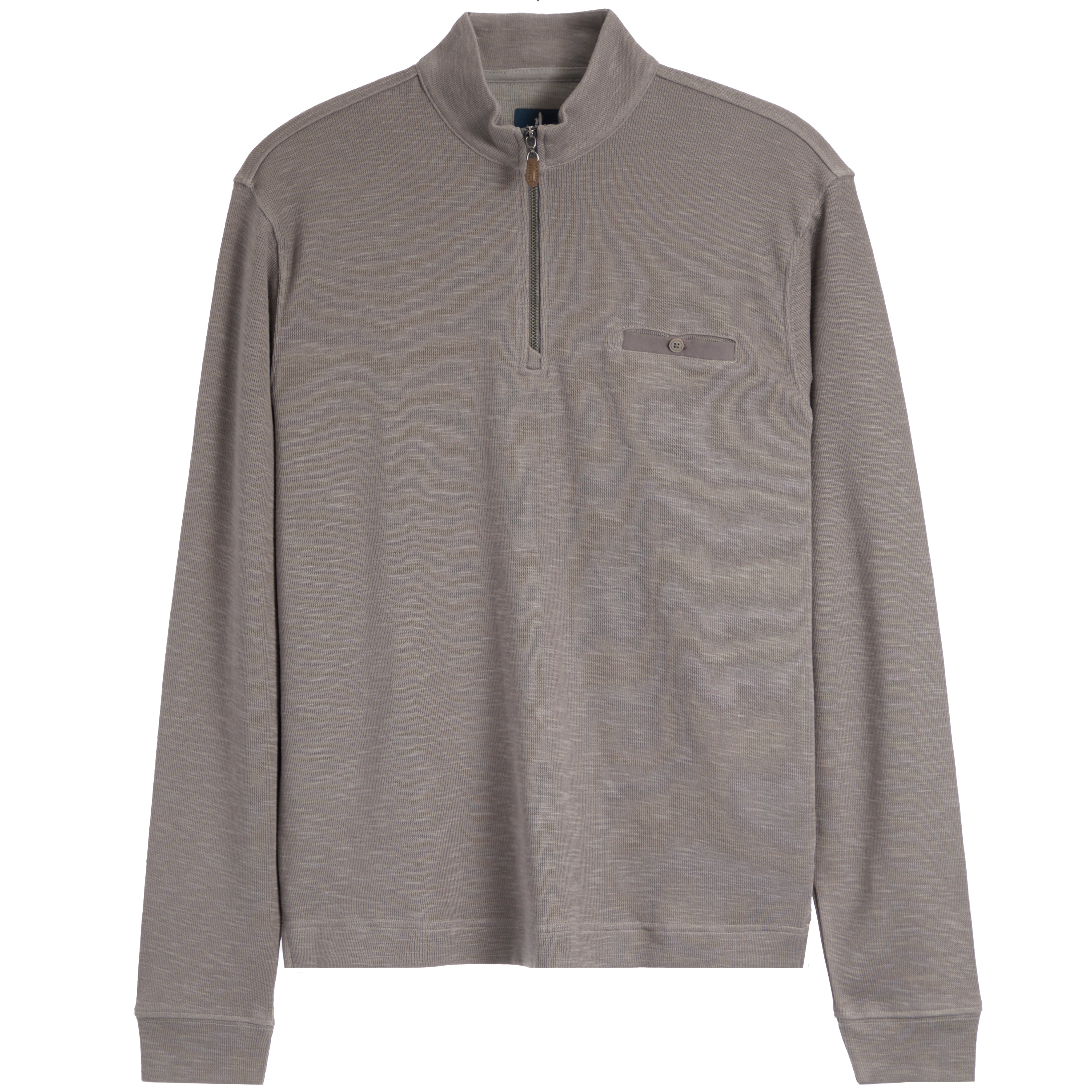 A men's long-sleeve quarter-zip pullover in a heathered taupe-gray color, featuring a mock neck collar, a zippered chest pocket with a snap button, and ribbed cuffs and hem.