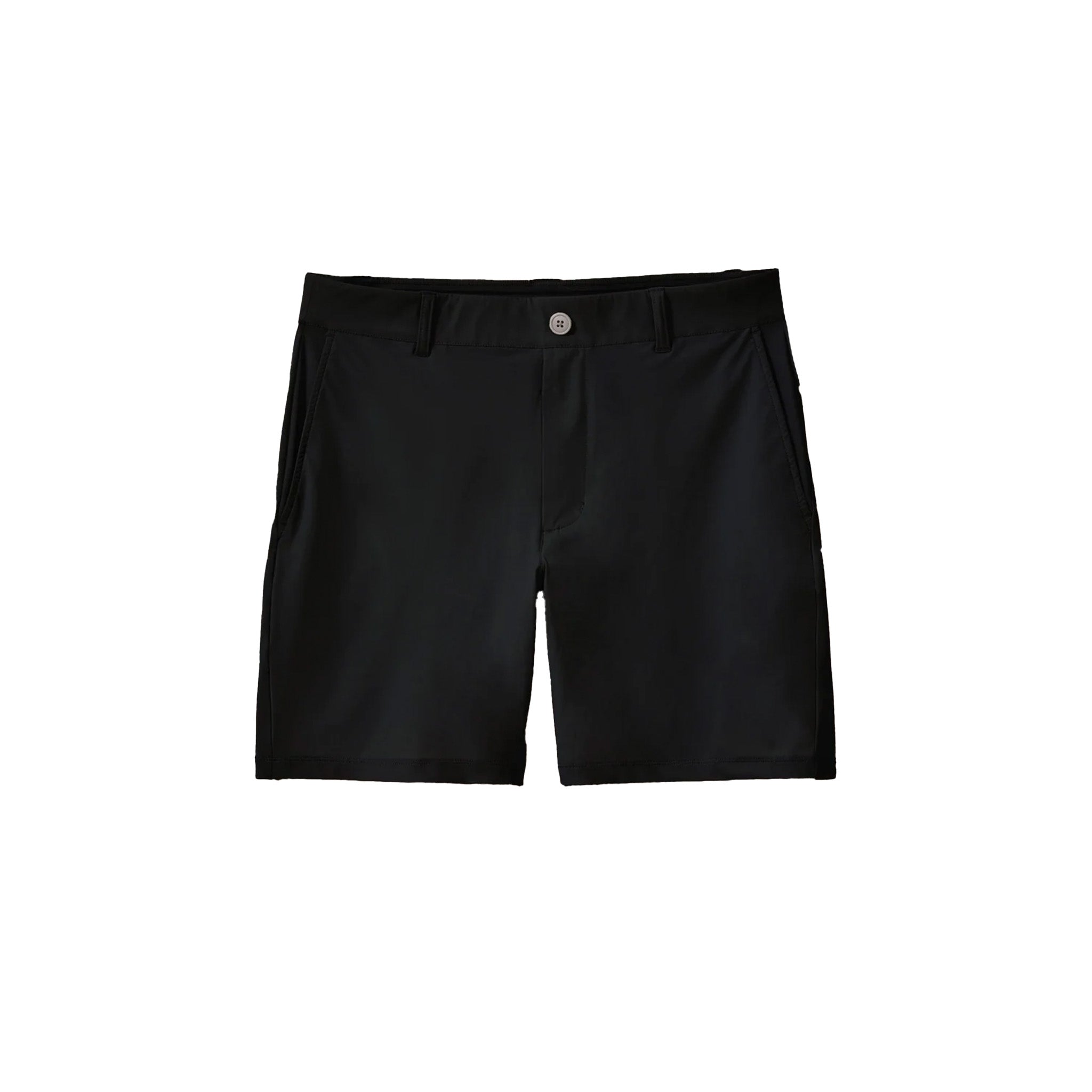 Black men's dress shorts with a button closure and belt loops, shown flat against a solid white background.