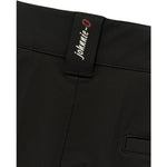 Close-up of black trousers showing the waistband and a black brand tab with white 'johnnie-0' script and a red circular accent, on a white background.