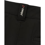 Close-up of black trousers showing the waistband and a black brand tab with white 'johnnie-0' script and a red circular accent, on a white background.