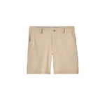 A pair of men's khaki shorts with belt loops, a button closure, and side pockets, shown flat against a solid white background.