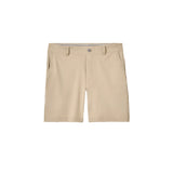 A pair of men's khaki shorts with belt loops, a button closure, and side pockets, shown flat against a solid white background.