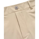 Close-up detail of beige trousers showing the waistband, a single button closure, belt loops, and a front pleat.