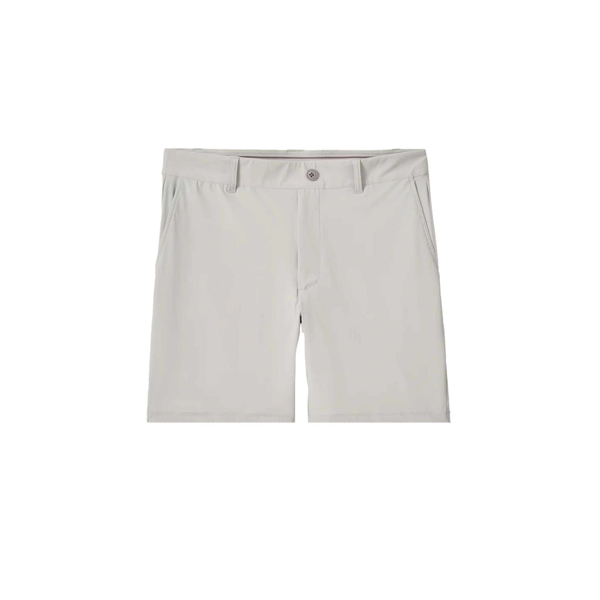 A pair of light beige or off-white shorts with a button closure and belt loops, shown flat against a solid white background.