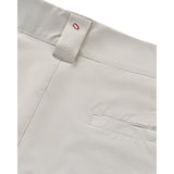 Close-up of light gray shorts showing the waistband, a fabric brand tag reading 'johnnie o' with a red 'O', and part of a side pocket.