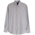 A long-sleeve button-up plaid shirt in beige, gray, and navy blue, shown flat against a white background.