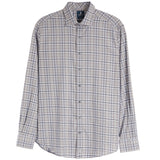 A long-sleeve button-up plaid shirt in beige, gray, and navy blue, shown flat against a white background.