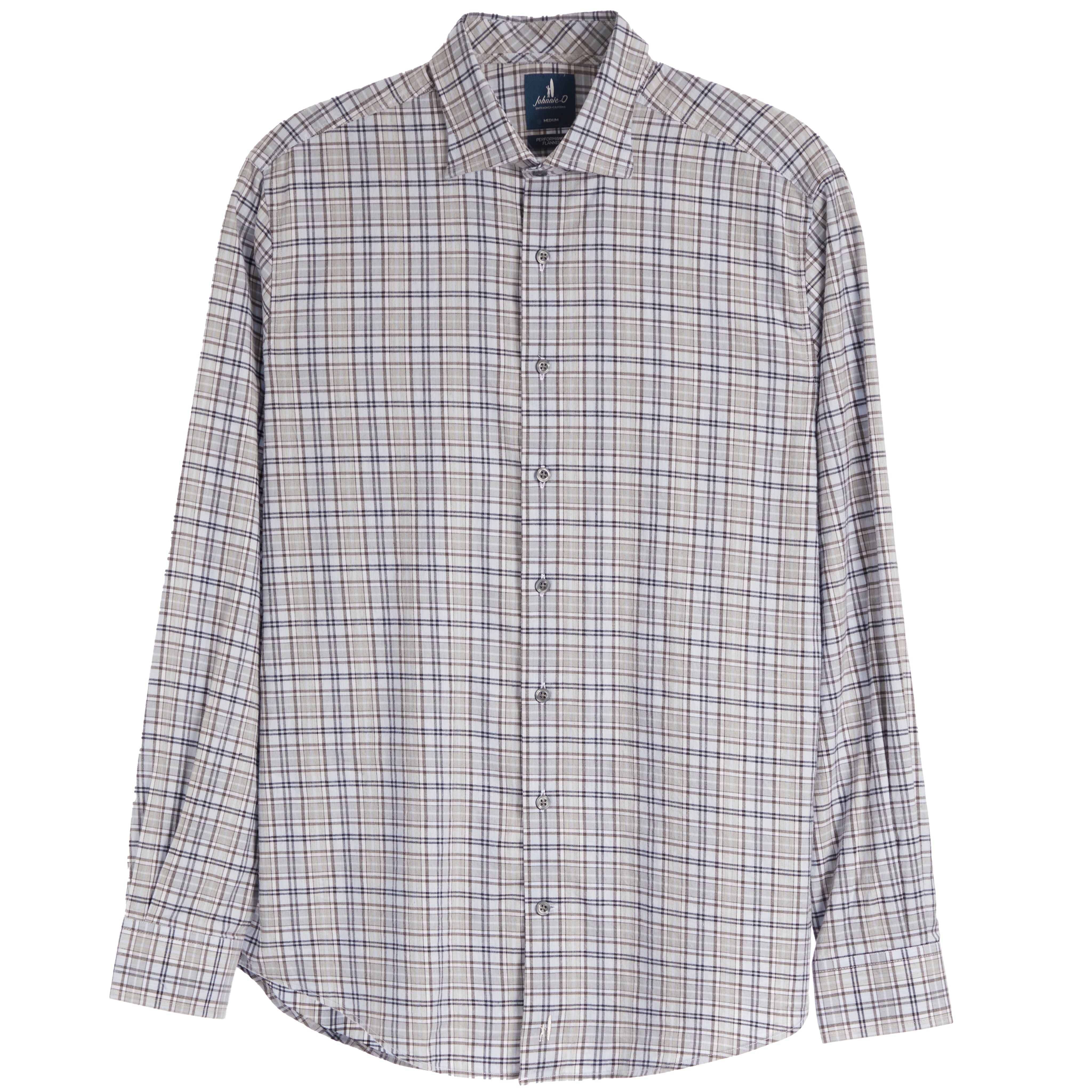 A long-sleeve button-up plaid shirt in beige, gray, and navy blue, shown flat against a white background.