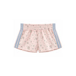 Light pink floral print shorts with a smocked elastic waistband and light blue side stripes, shown flat on a white background.
