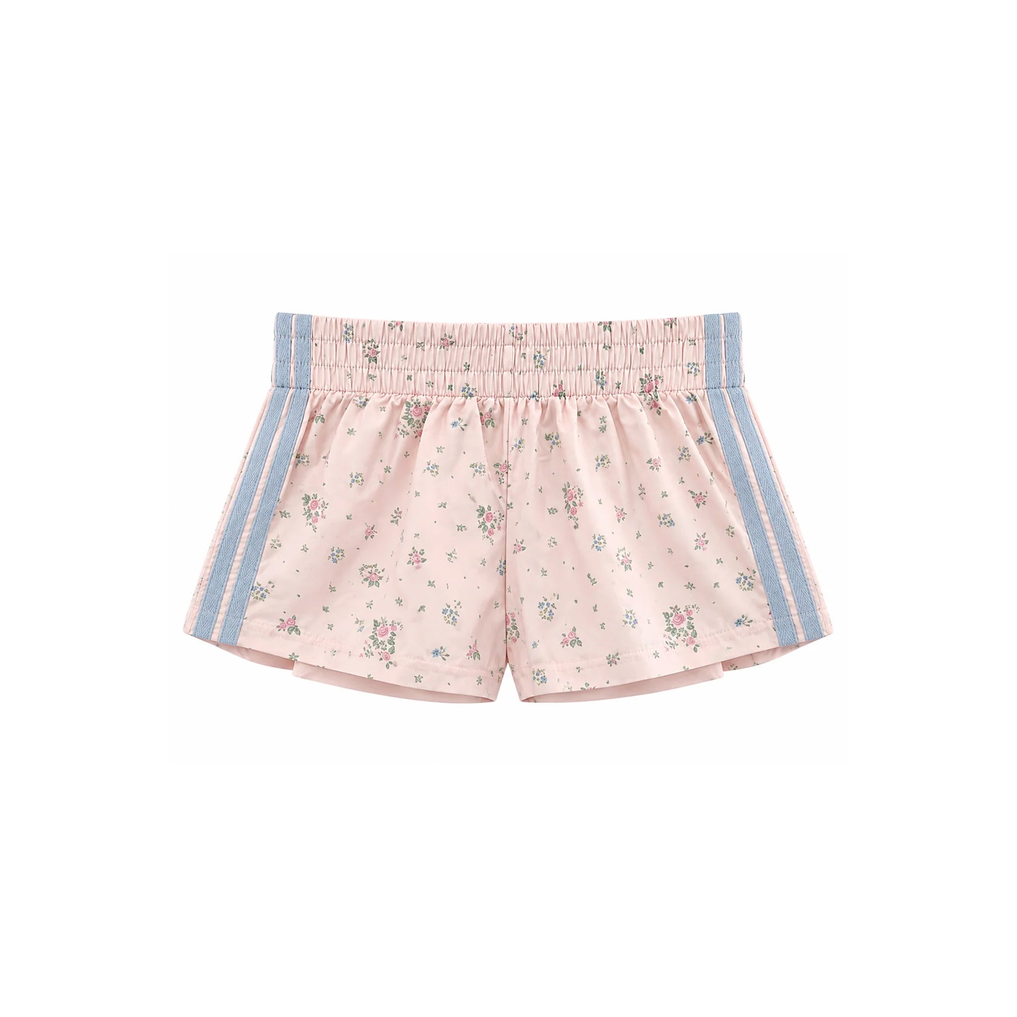 Light pink floral print shorts with a smocked elastic waistband and light blue side stripes, shown flat on a white background.