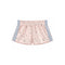 Light pink floral print shorts with a smocked elastic waistband and light blue side stripes, shown flat on a white background.