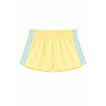 Yellow athletic shorts with light blue double stripes down the sides, shown flat against a white background.