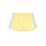 Yellow athletic shorts with light blue double stripes down the sides, shown flat against a white background.