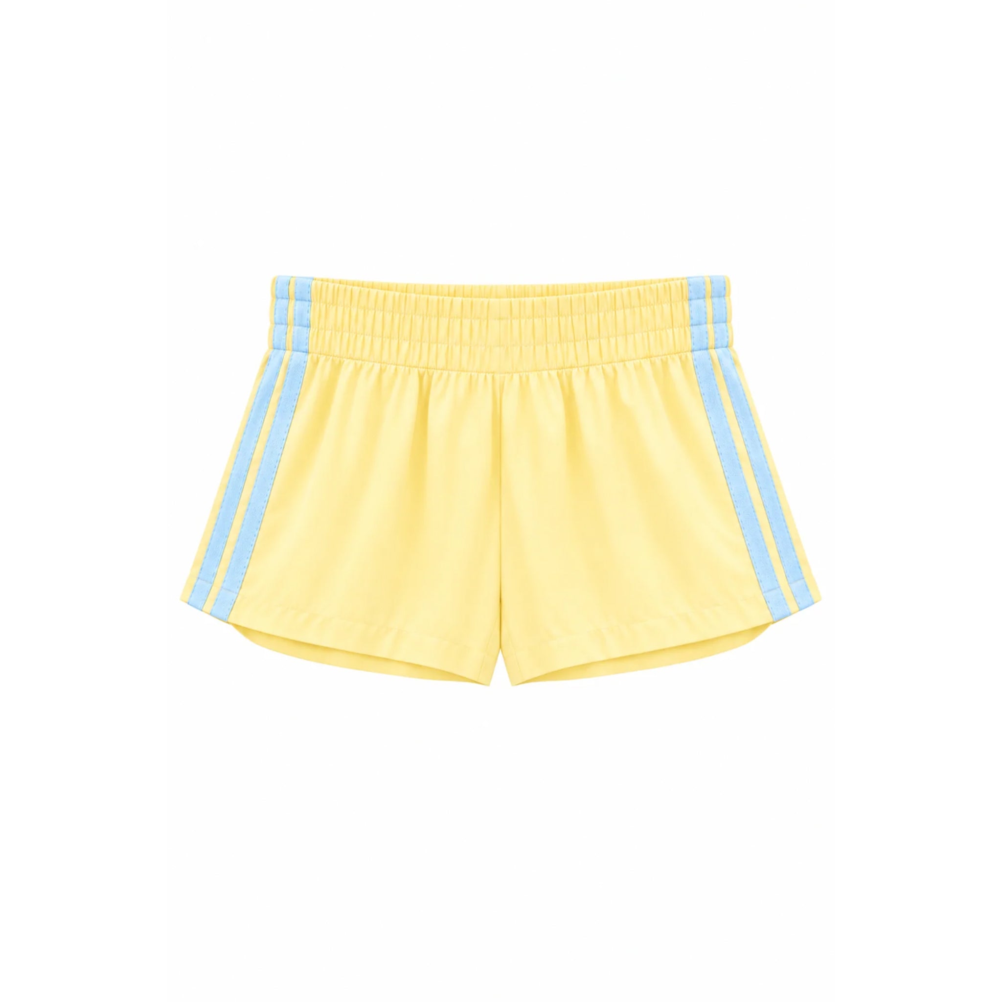 Yellow athletic shorts with light blue double stripes down the sides, shown flat against a white background.