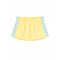 Yellow athletic shorts with light blue double stripes down the sides, shown flat against a white background.