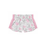 White athletic shorts with a pink floral print and pink side stripes, shown flat against a white background.