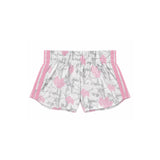 White athletic shorts with a pink floral print and pink side stripes, shown flat against a white background.