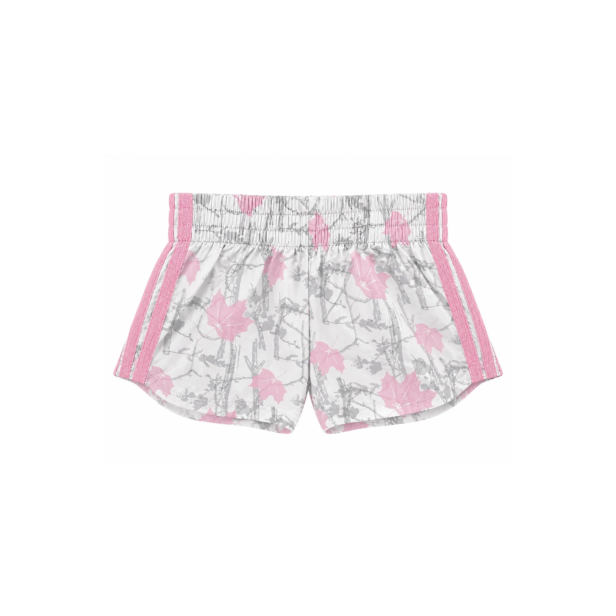 White athletic shorts with a pink floral print and pink side stripes, shown flat against a white background.